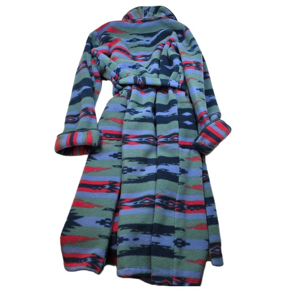 Lands End Fleece Robe Mens Large Southwestern Aztec Shawl Collar Belted USA - Picture 2 of 8